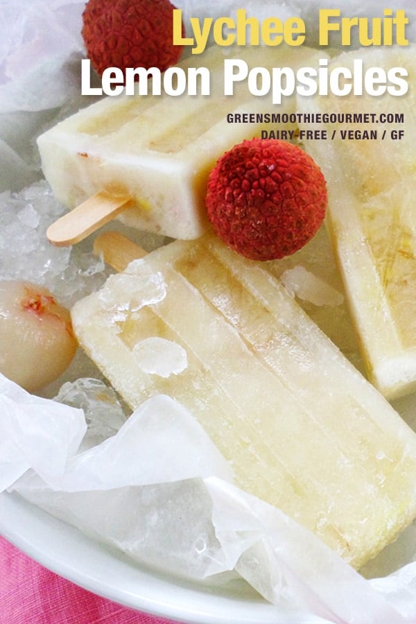 Overhead shot of lychee popsicles on a white bowl with a few pink whole lychees on top.