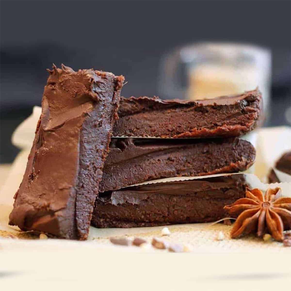 cinnamon chocolate brownies, no bake in a stack.