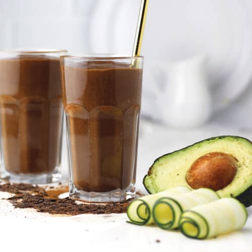 chocolate avocado smoothie in a glass.