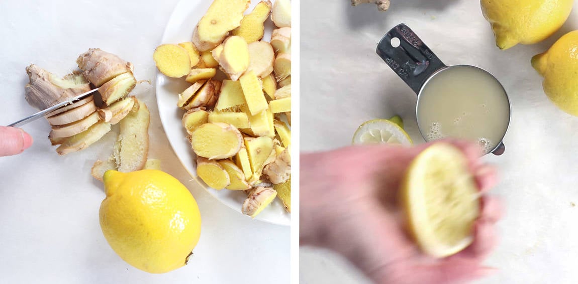chopping fresh ginger, pouring lemon juice
