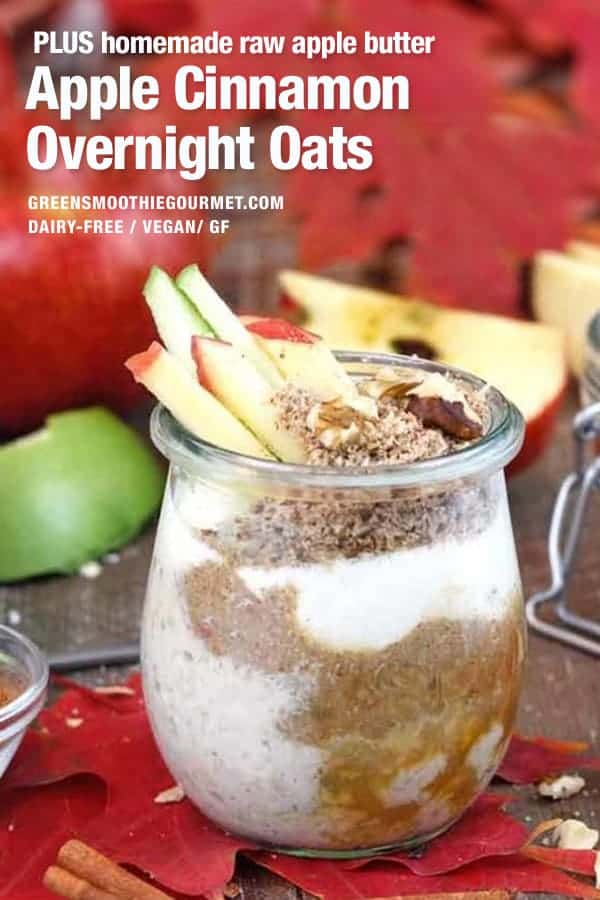 A jar of apple cinnamon overnight oats with apple slices and red leaves all around.