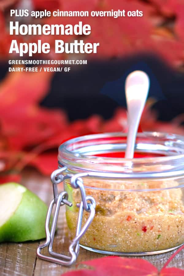 A jar of homemade apple butter with red leaves all around.
