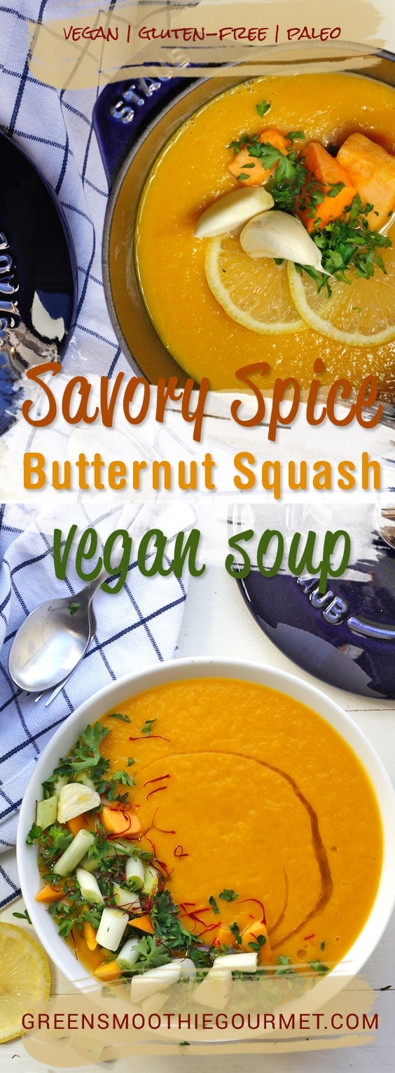 two beautiful bowls of vegan butternut squash soup with a navy check napkin.