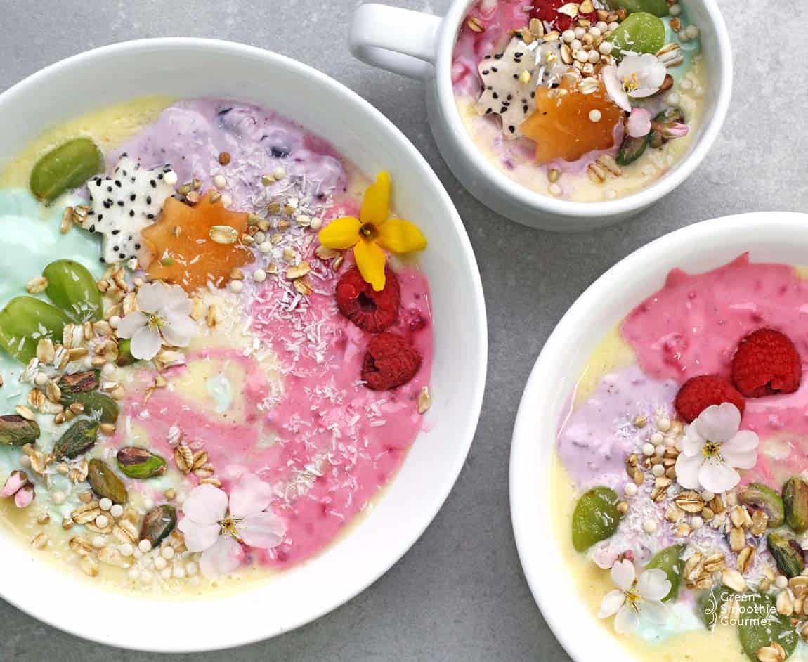 Colorful Unicorn Protein Smoothie Bowls