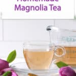 a cup of magnolia tea with petals on the table