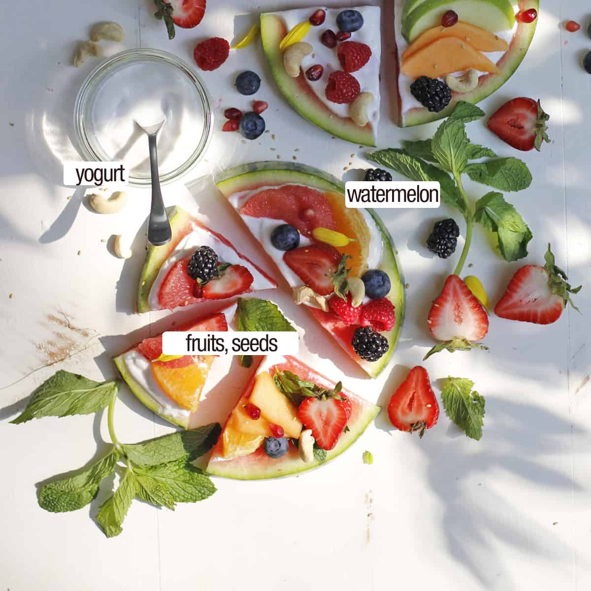 overhead of watermelon pizza slices with ingredients labeled