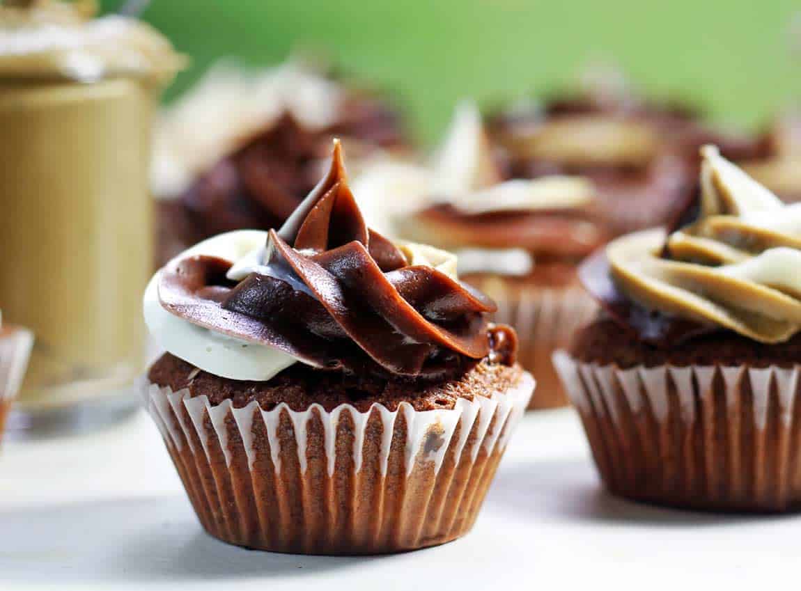 Sunflower Seed Butter Tri-color Frosting & Milk Chocolate Cupcakes