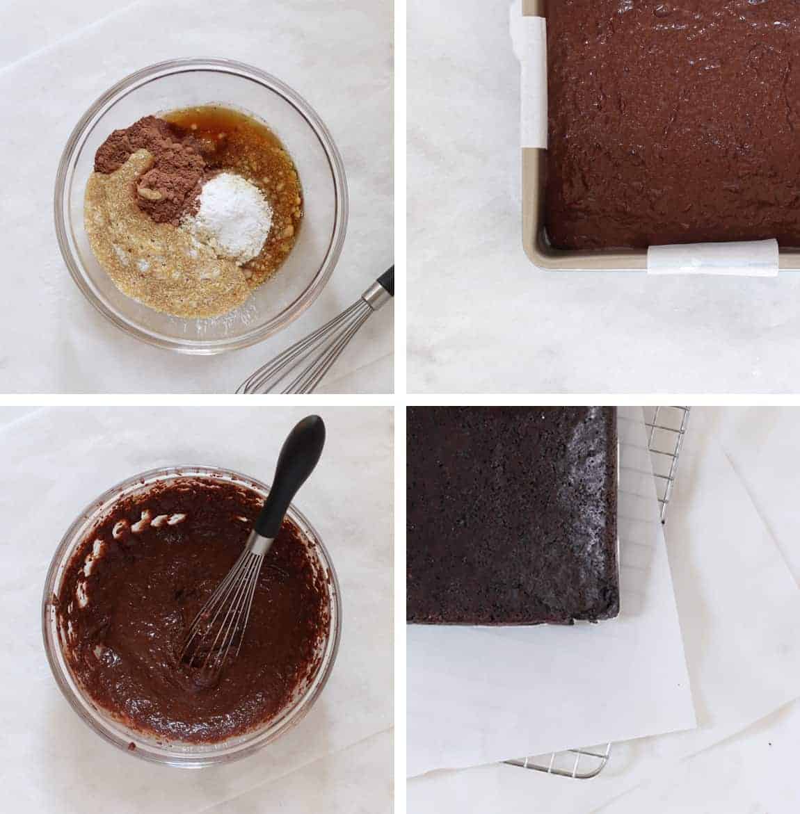 Steps one through four of making a chocolate almond flour cake on a white marble board in different four images.