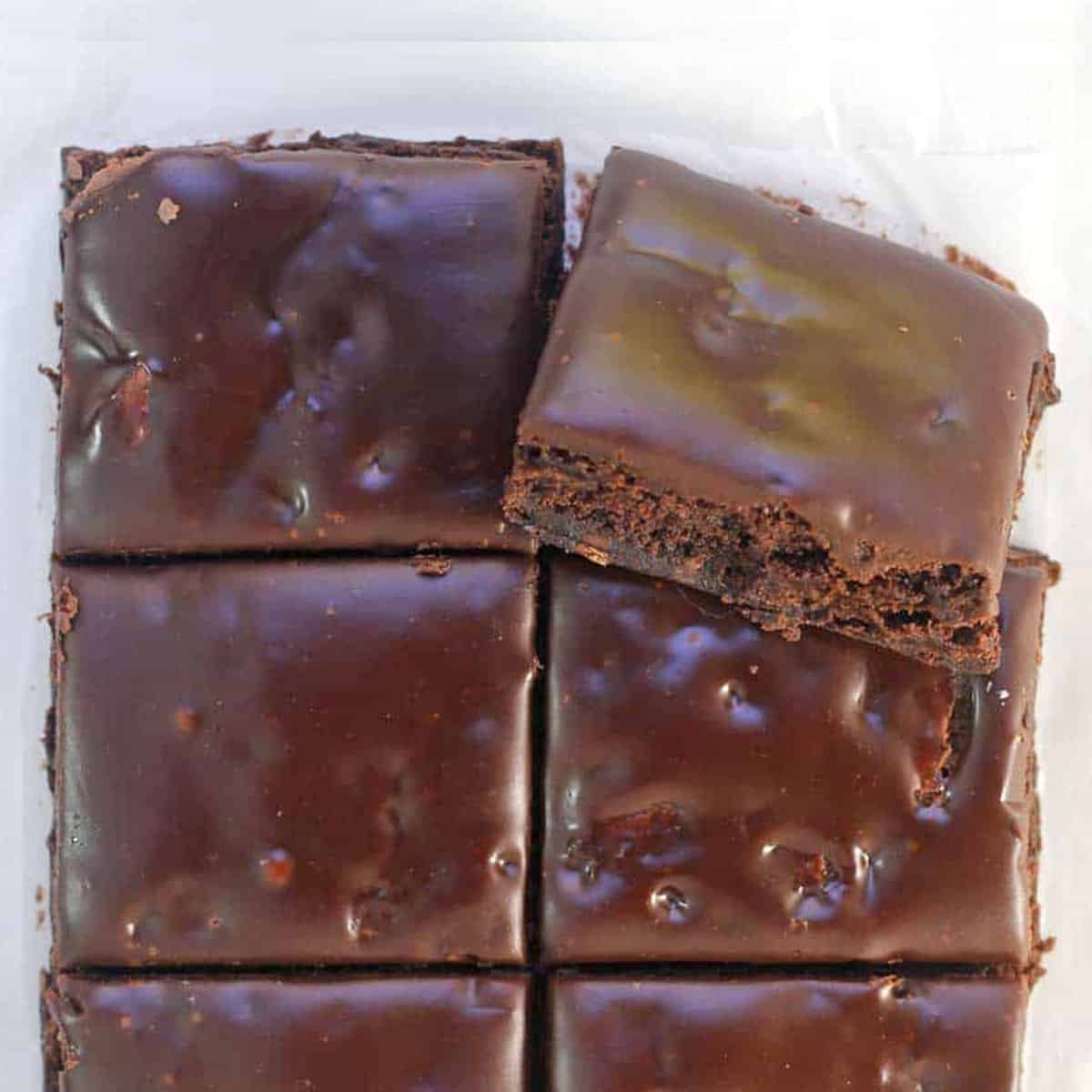 overhead of frosted vegan brownie