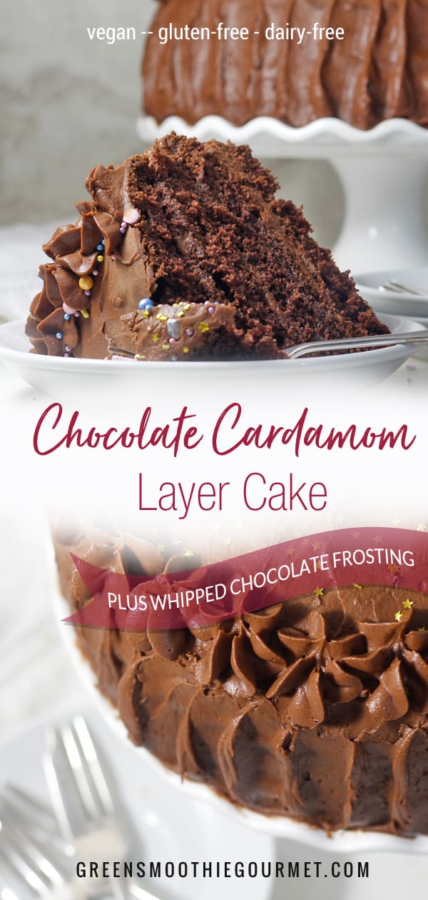 Chocolate Cardamom Layered Cake with Whipped Chocolate Frosting (vegan, DF, GF)