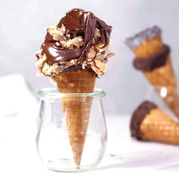 edible cookie dough with chocolate sauce.