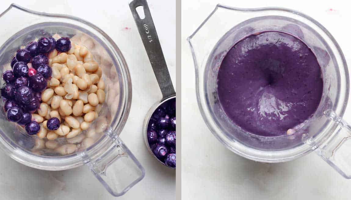 Side by side shots of white beans and blueberries being blended in a blender.