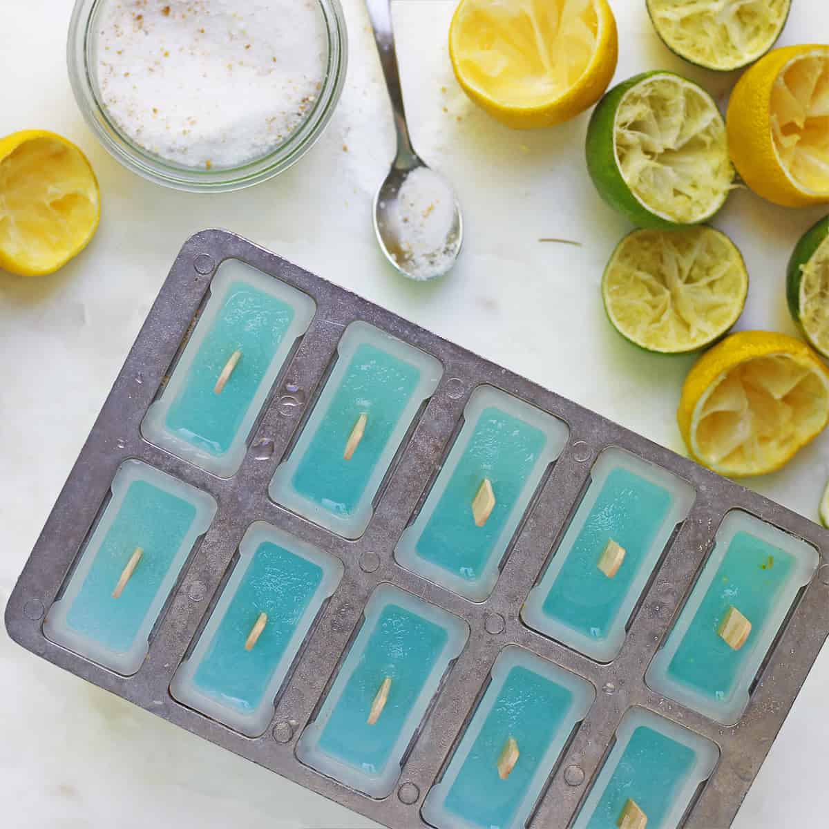 overhead of margarita popsicles in mold with squeezed lemon and lime rinds