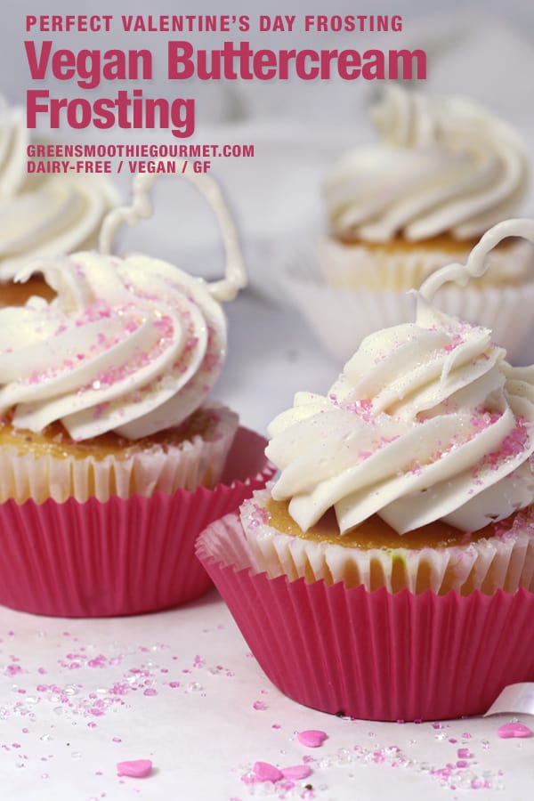 Pink cupcakes with sprinkles for Valentine's Day using vegan buttercream frosting.