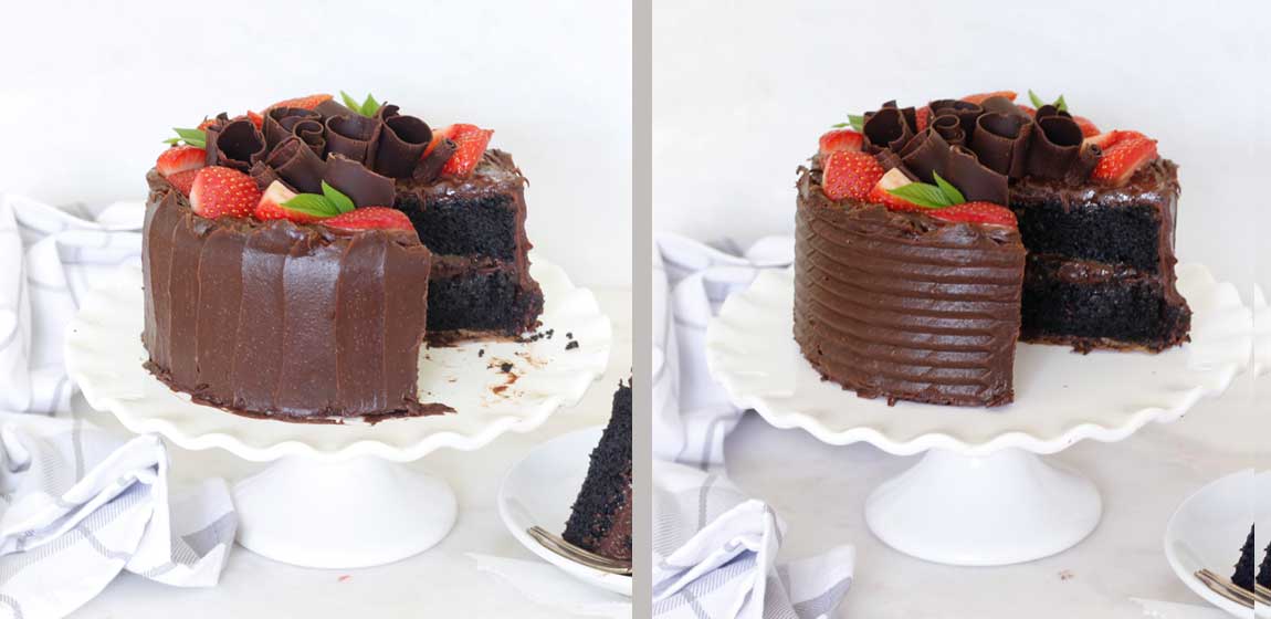 Cake on white marble to showcase post about How to Make Chocolate Curls + Mini Chocolate Cake