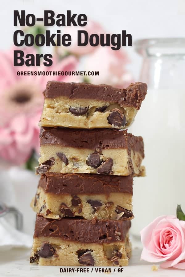 Stack of no bake cookie dough bars.