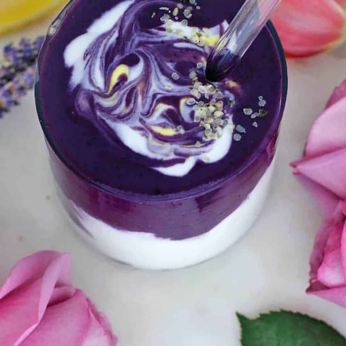 lavender smoothie overhead view.