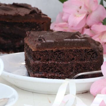 slice of chocolate cake with a pink flower near by