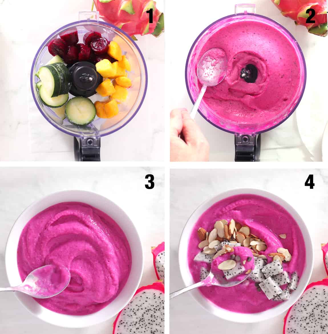 steps to make pitaya smoothie in a bowl