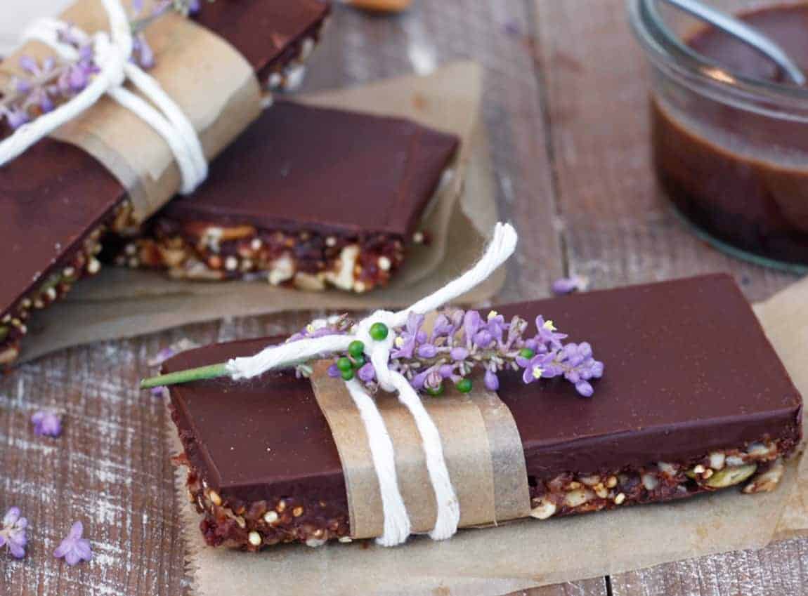 homemade protein bars on a wooden board.