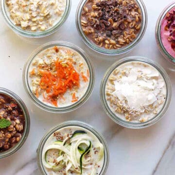 overhead of 7 overnight oats recipes topped with carrots, chocolate chips and zucchini