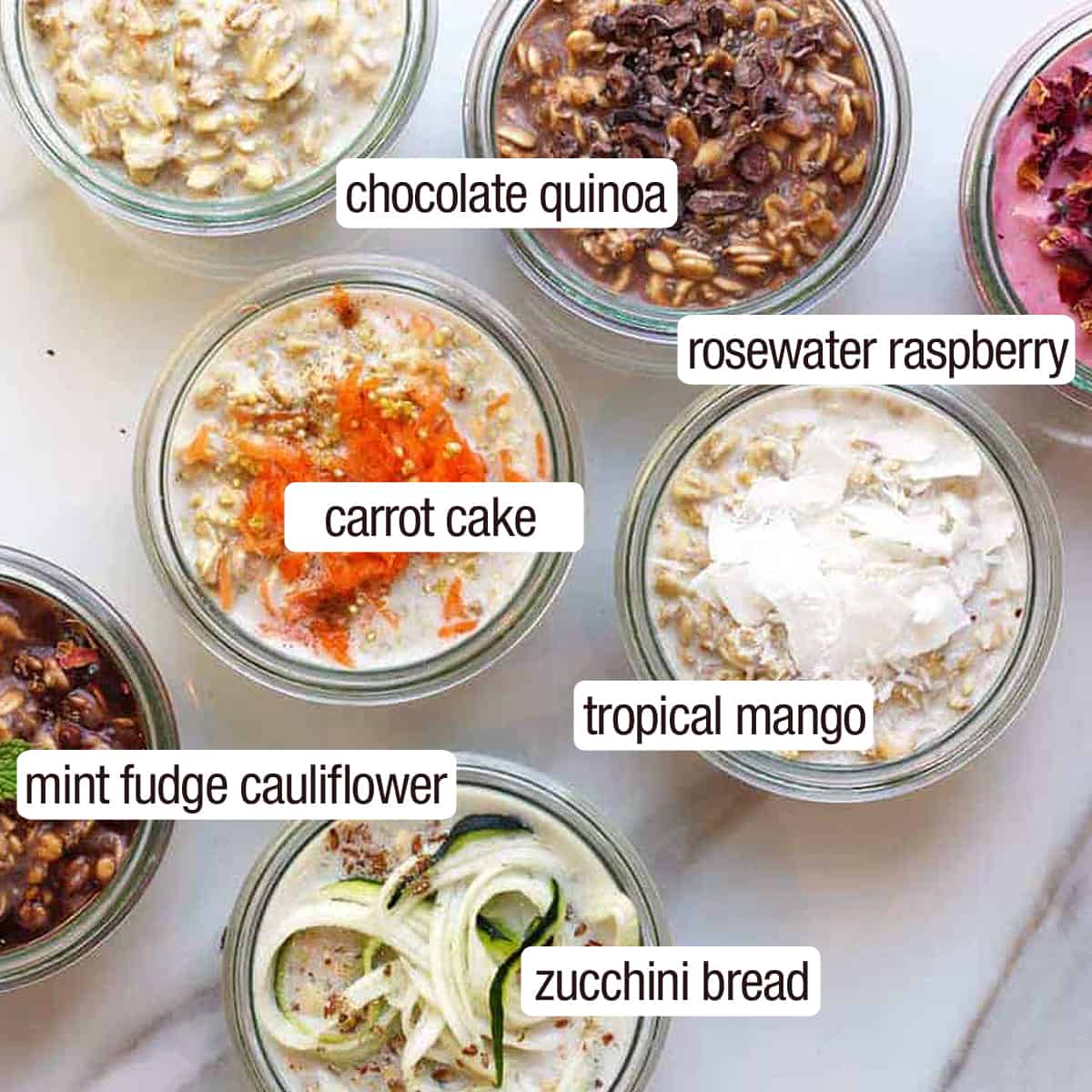 overhead of 7 overnight oats recipes labeled