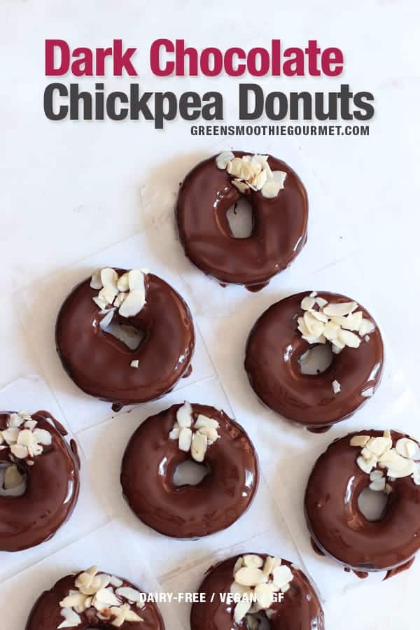 Overhead of dark chocolate chickpea protein donuts.