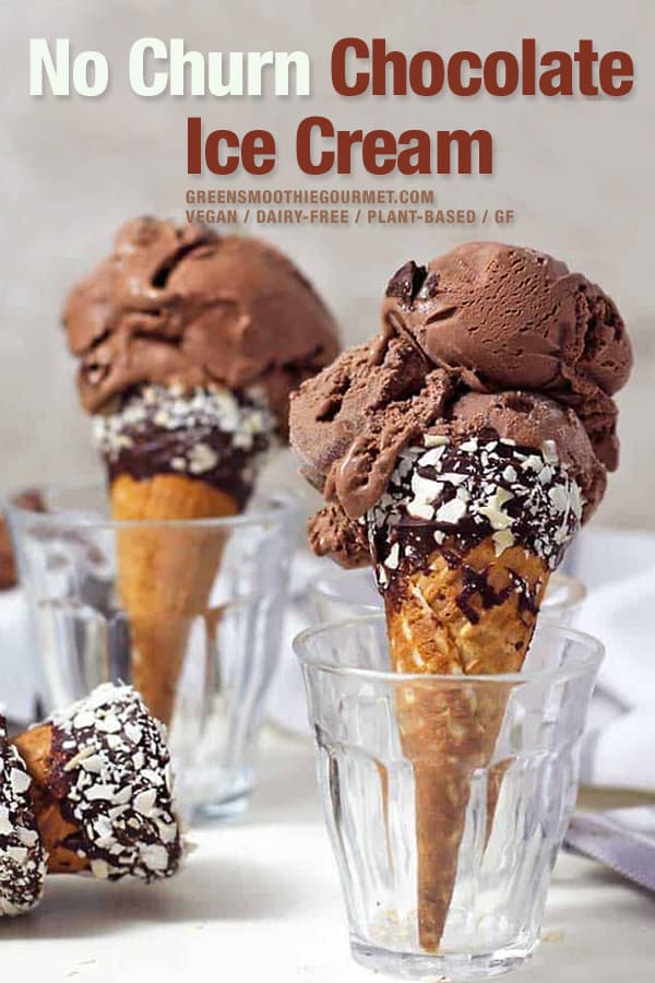 Two cones of no churn chocolate ice cream in sugar cones upright on a table.