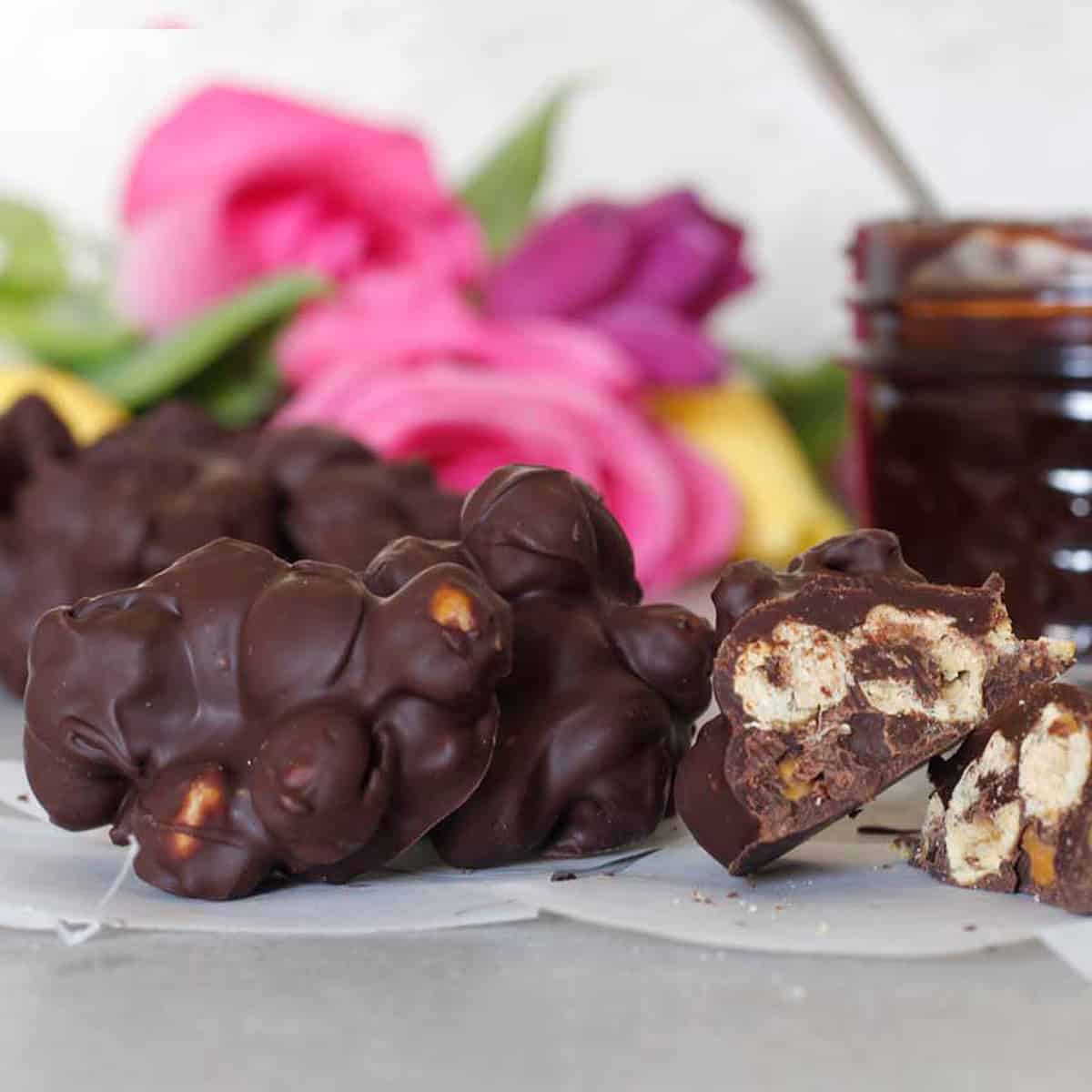 chocolate chickpea clusters, one sliced open