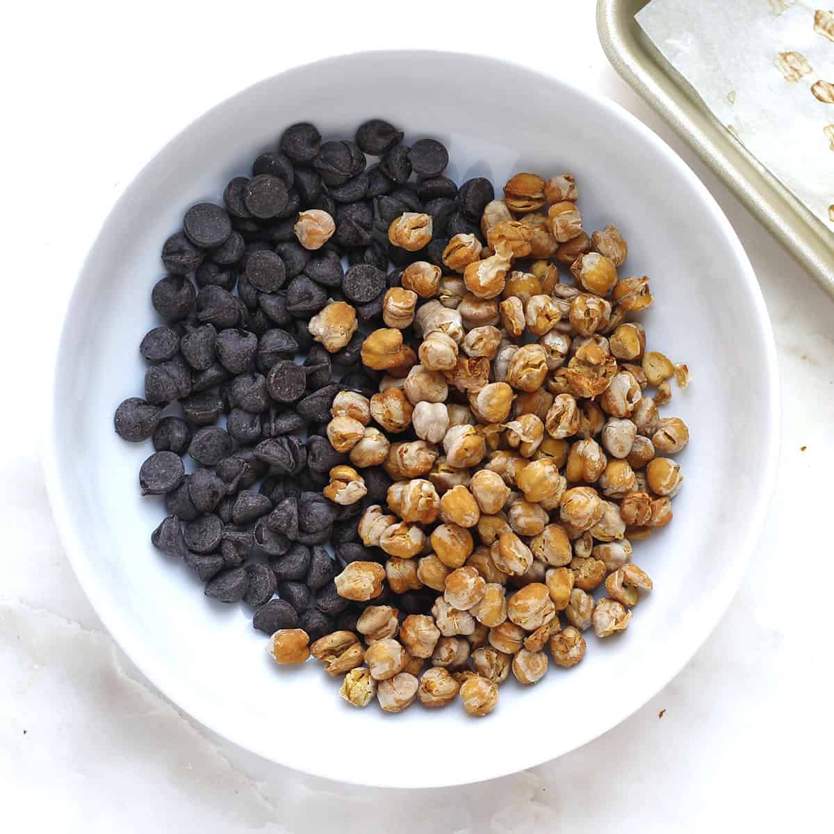 chocolate chips and chickpeas in a bowl.