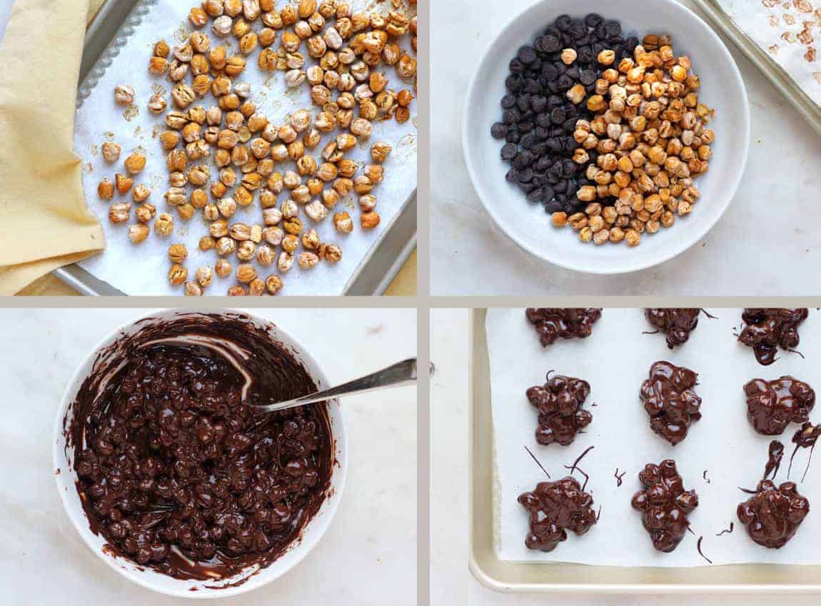 A four panel step by step of how to make chickpea chocolate clusters.
