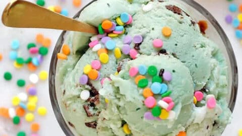 overhead of leafy green mint ice cream