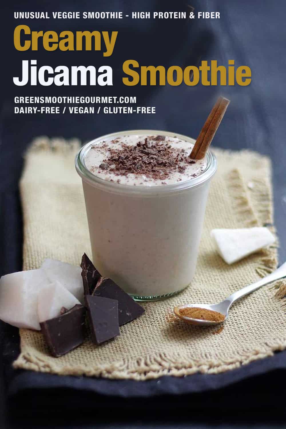 jicama smoothie in a cup with chopped chocolate and chunks of jicama on a cloth