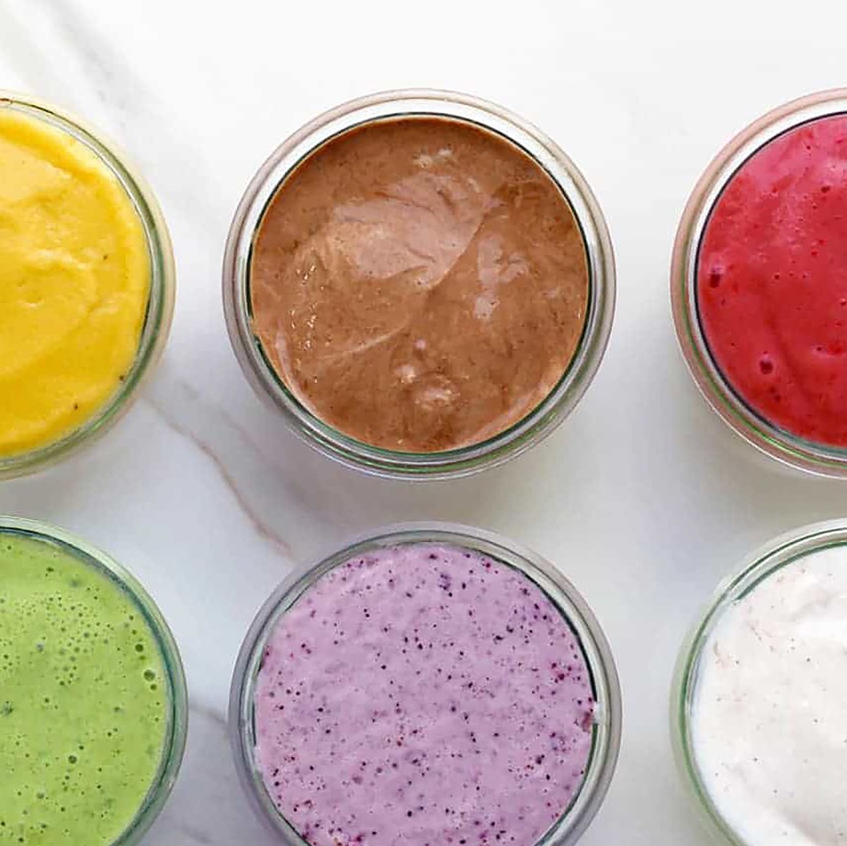 overhead shot of a row of smoothies