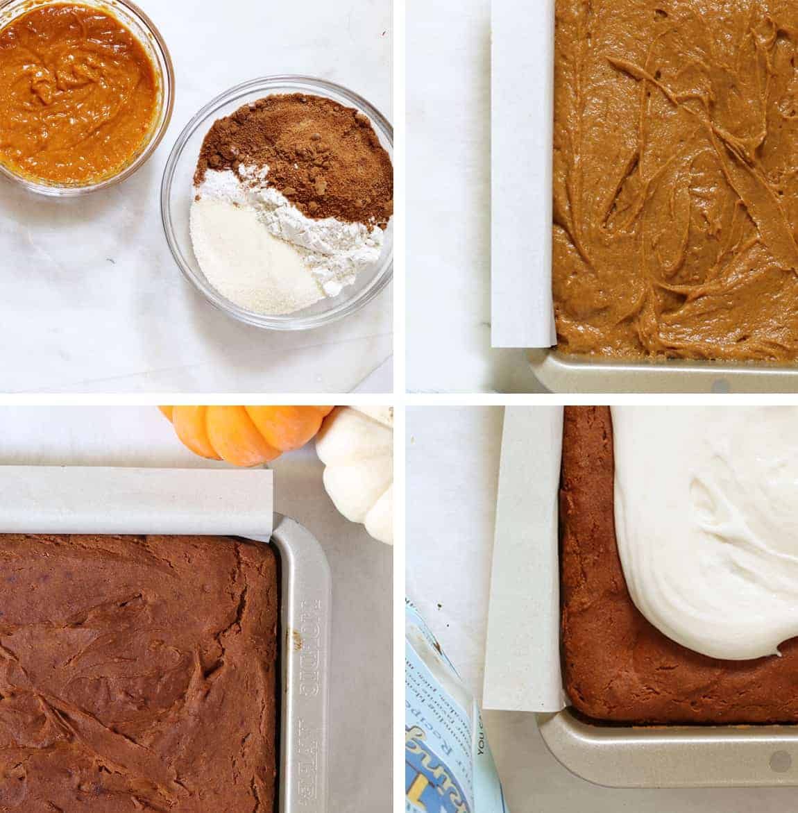 Four process images of the making of pumpkin cake recipe.
