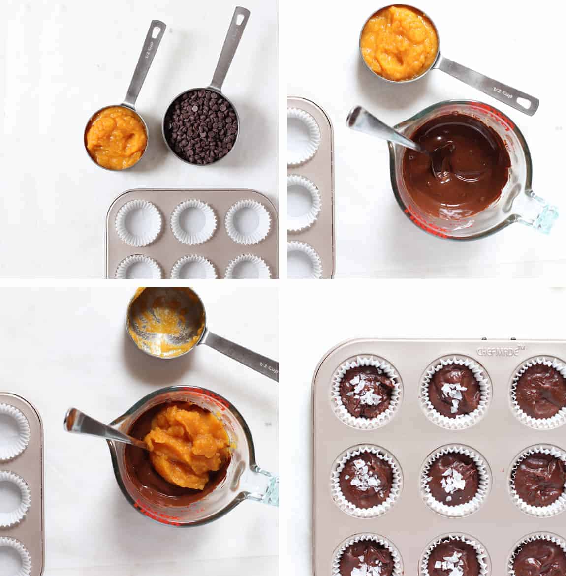 Four preparation stages of the making of 2-ingredient Butternut Squash Fudge.