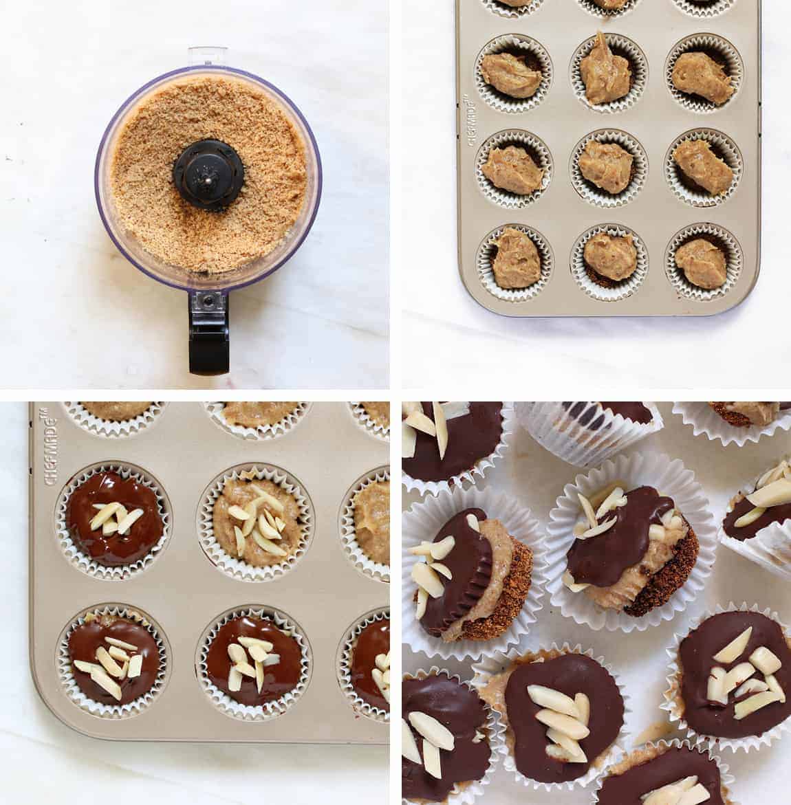 Four images of steps it takes to make homemade snickers cups.