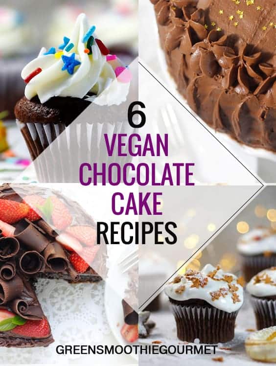 Four vegan chocolate cake recipes on a panel to show 6 vegan chocolate cake recipes.