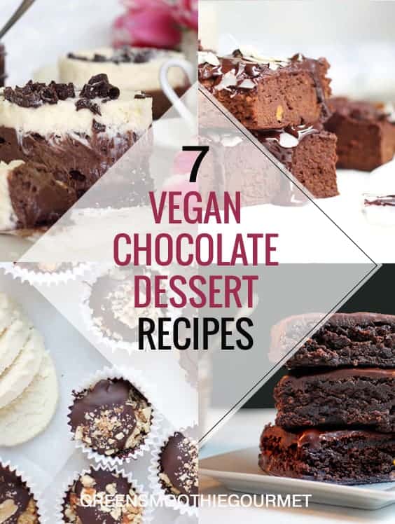 Four chocolate desserts in a collage to depict an article about seven vegan chocolate desserts.