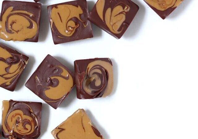 set marbled chocolate peanut butter fudge on a table.