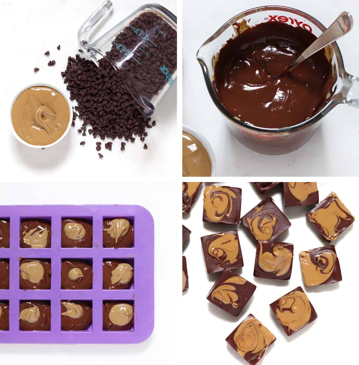 Four panels that show the steps to make sunflower seed butter marble fudge.