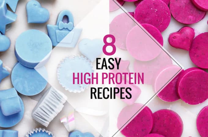 8 high protein recipes with two sets of protein bites scattered on white marble.
