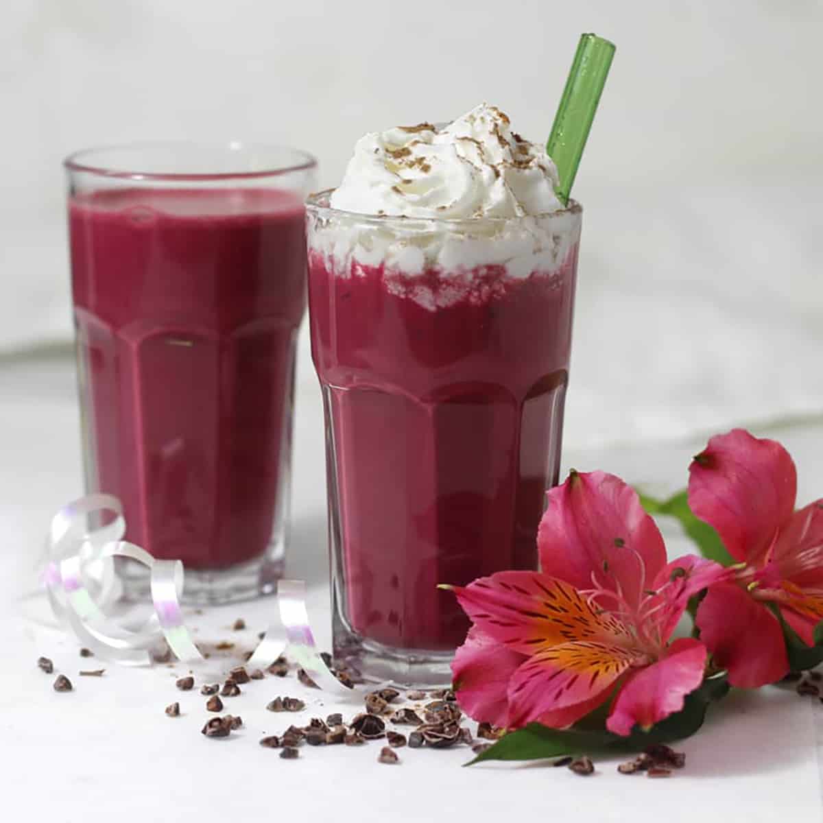 beet chocolate smoothie and a flower.
