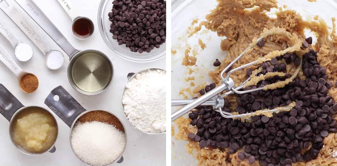 overhead view of ingredients and batter with chocolate chips