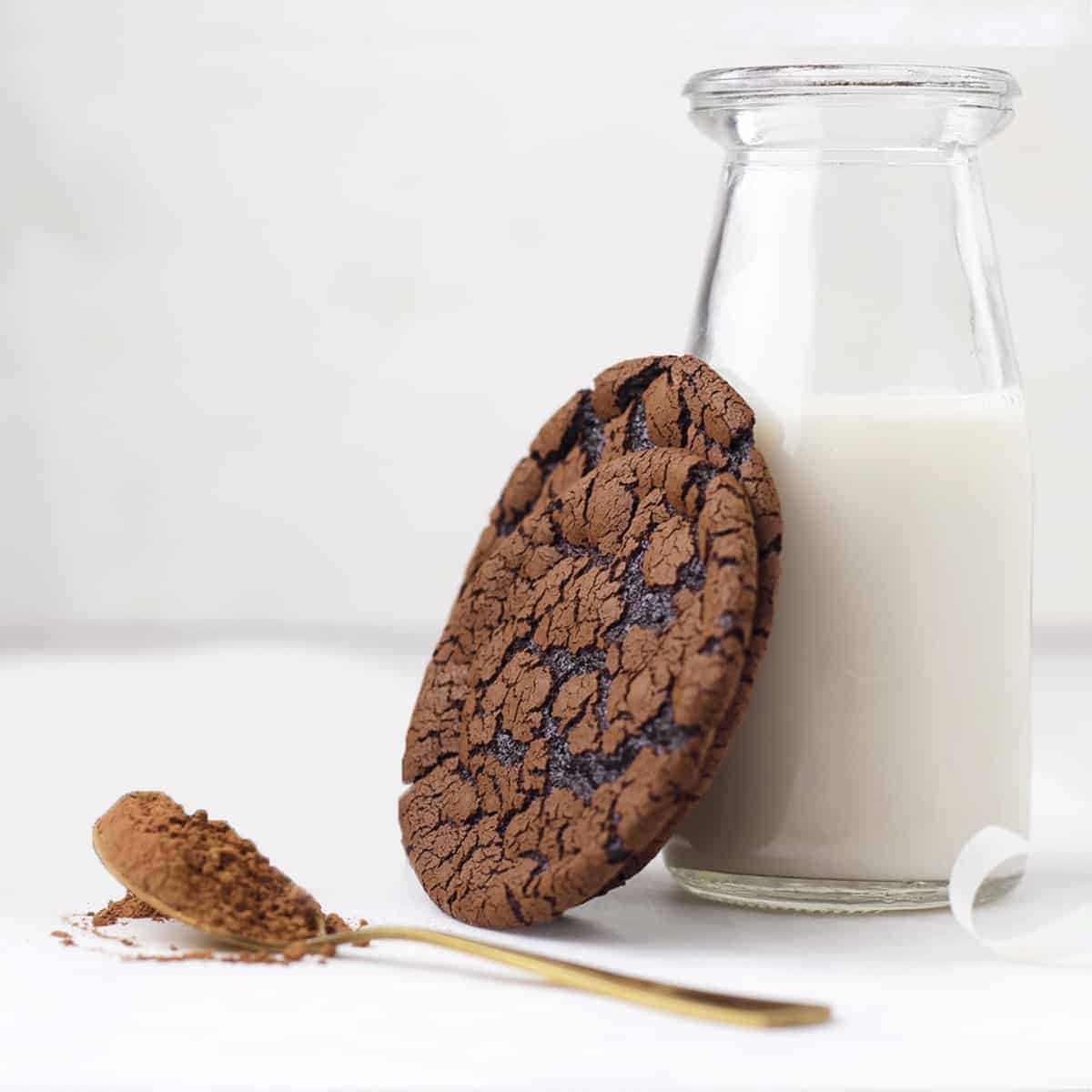 two brownie cookies leaning on a milk bottle
