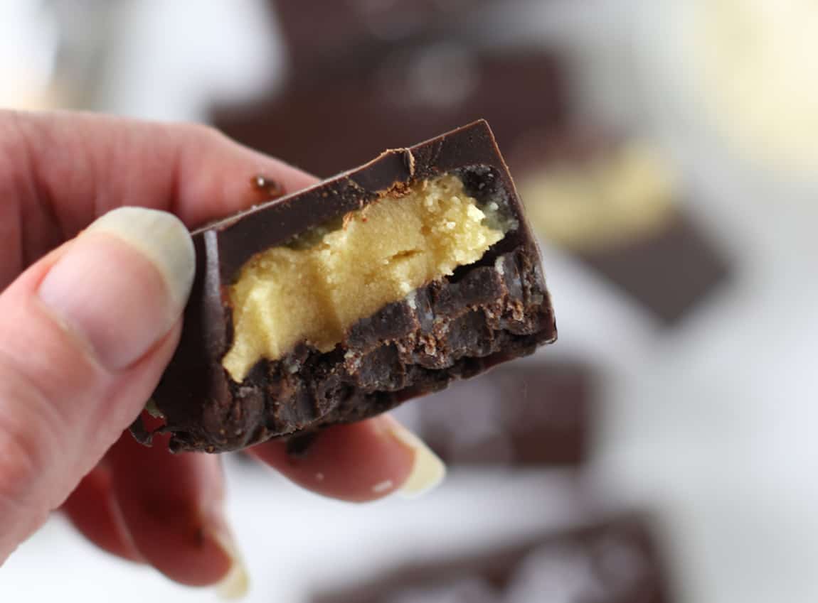 Close up of inside of healthy homemade twix bars.