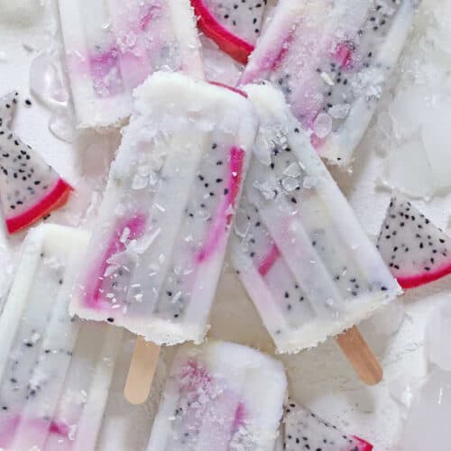 dragon fruit popsicles on a table, overhead view