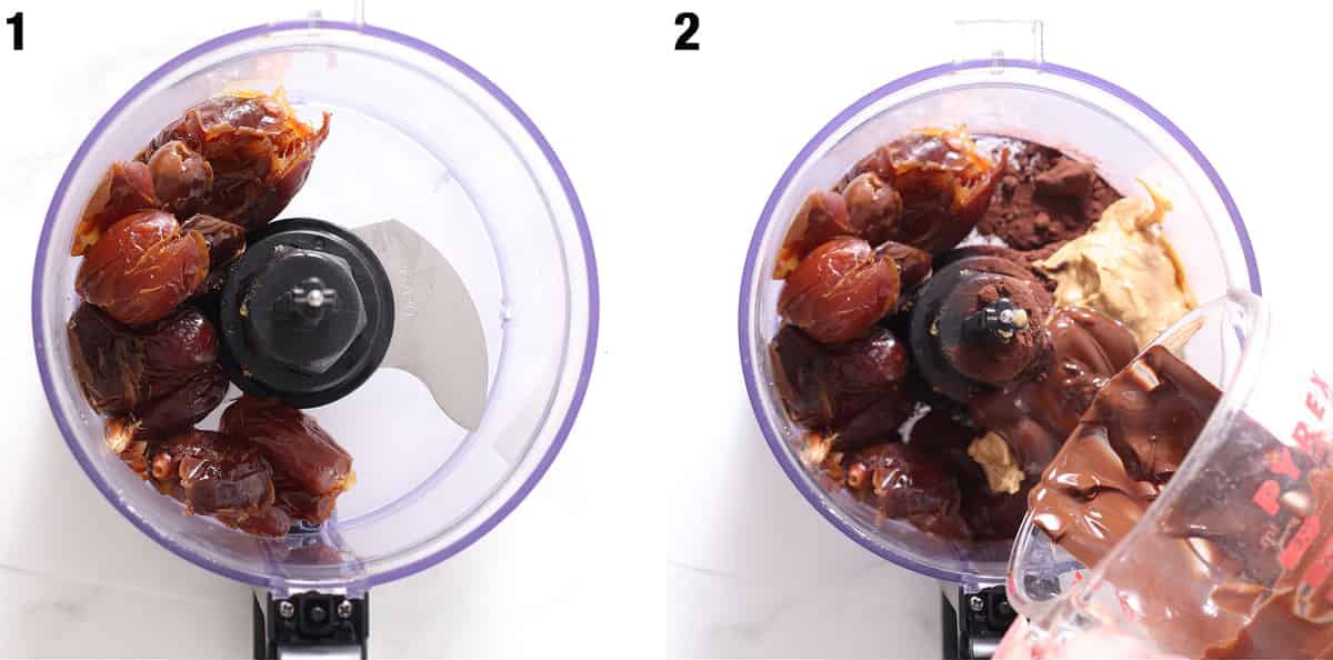 food processor full of dates and ingredients for no bake brownies.