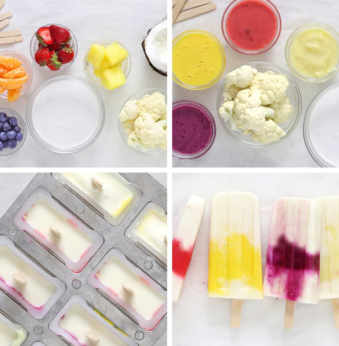Ingredients and steps for cauliflower creamsicles.