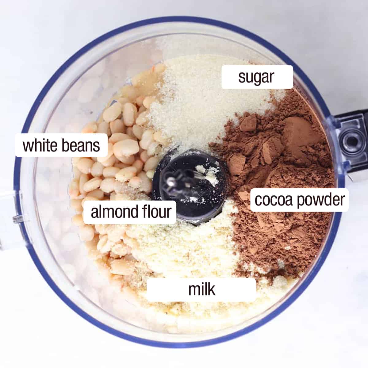 overhead view of beans, almond flour, sugar and cocoa in a food processor